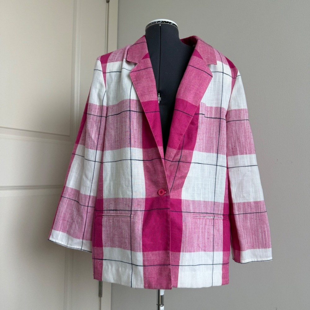 Vintage Pink and White Plaid Structured Blazer